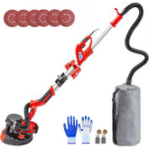 A red and black electric drywall sander with accessories, including sanding discs, gloves, and a dust bag.