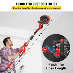 Man using Bostome electric drywall sander with 2m dust collection hose and foldable 1m handle.