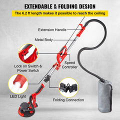 Foldable electric drywall sander with 6.2 ft extension handle, metal body, speed controller, and dust collection.