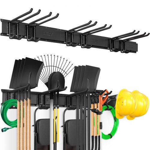 Heavy-duty carbon steel wall mount organizer with six adjustable hooks and three rails.