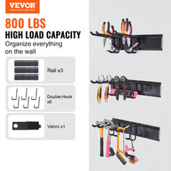 Heavy-duty carbon steel wall mount tool organizer with adjustable hooks and rails.