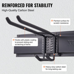Heavy-duty carbon steel wall mount organizer with six hooks and three rails for tool storage.