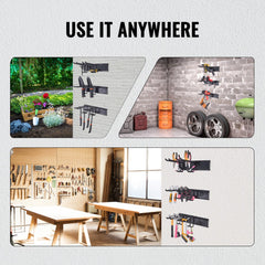 Heavy-duty carbon steel wall mount tool organizer with six adjustable hooks and three rails.