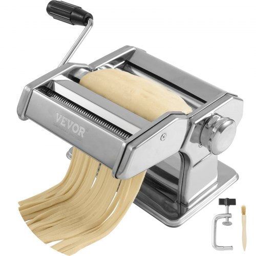 Stainless steel manual pasta maker with 9 thickness settings and dual-width cutters.