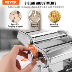 Stainless steel manual pasta maker with 9 thickness settings and dual-width cutters.