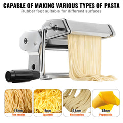 Manual pasta maker with stainless steel body and 9-setting thickness adjustment knob.