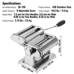 Stainless steel manual pasta maker with 9 thickness settings and dual-width cutters.