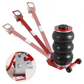 Red 3-ton airbag jack with three black air bags, adjustable red handle, and rear wheels.