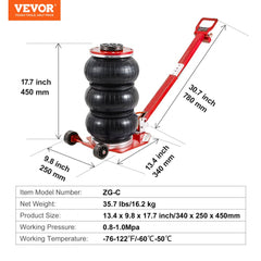Red 3-ton airbag jack with 17.7-inch lift height, adjustable handle, and rear wheels.