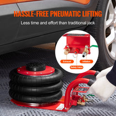 Red 3-ton triple bag air jack with 6600 lbs capacity and 17.7-inch lift height, shown lifting an orange car.