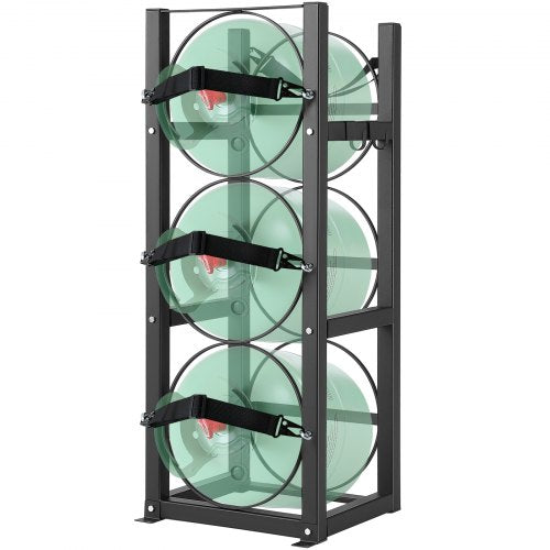 Bostome Refrigerant Tank Rack holding three 30lbs cylinders with a durable carbon steel frame.
