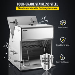 Electric bread slicer with stainless steel construction and adjustable width for uniform slices.