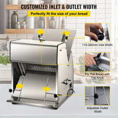 Bostome Commercial Electric Bread Slicer with stainless steel blades and adjustable inlet width.
