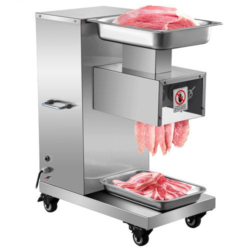 Stainless steel commercial meat slicer with 110V 750W motor slicing raw meat on wheels.
