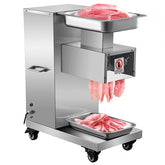 Stainless steel commercial meat slicer with 110V 750W motor slicing raw meat on wheels.