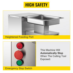 Stainless steel commercial meat slicer with heightened feeding port and emergency stop switch.