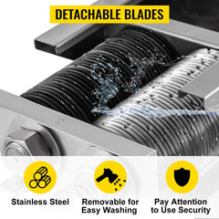 Commercial stainless steel meat slicer with detachable blades, easy washing, and security features.