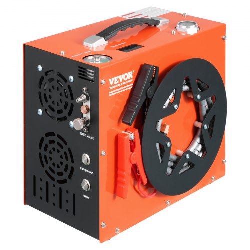 Orange portable 4500PSI PCP air compressor with black accents, fan cooling, and digital display.