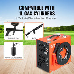 Portable orange Bostome 4500PSI PCP air compressor with fan cooling, water loop, and digital display.