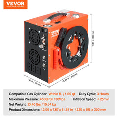 Orange portable Bostome 4500PSI PCP air compressor with fan cooling, water loop, and dimensions shown.