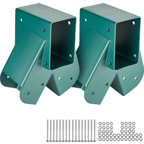 Pair of green heavy-duty carbon steel A-frame swing set brackets with bolts.