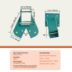 Green heavy-duty carbon steel A-frame swing set brackets, 2-pack, with dimensions and accessories.