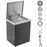 Stainless steel 30QT drop-in ice chest with hinged cover and drain for easy cleaning.