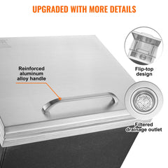 Stainless steel 30QT drop-in ice chest with a hinged cover and integrated drain pipe.