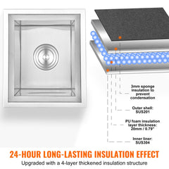 Stainless steel 26.7QT drop-in ice chest with a secure cover and integrated drain pipe.