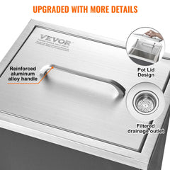 Stainless steel 26.7QT drop-in ice chest with a secure cover and integrated drain pipe.