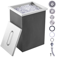 Stainless steel drop-in ice chest with 26.7QT capacity and integrated drain for easy maintenance.