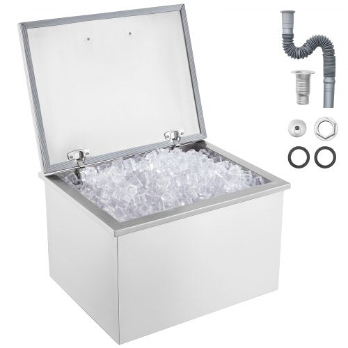 Stainless steel Bostome 40QT drop-in ice chest with integrated drain and large capacity.