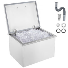 Stainless steel Bostome 40QT drop-in ice chest with integrated drain and large capacity.