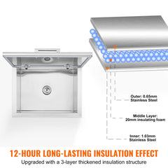 Stainless steel 40QT drop-in ice chest with a drain and embedded installation for bars and kitchens.