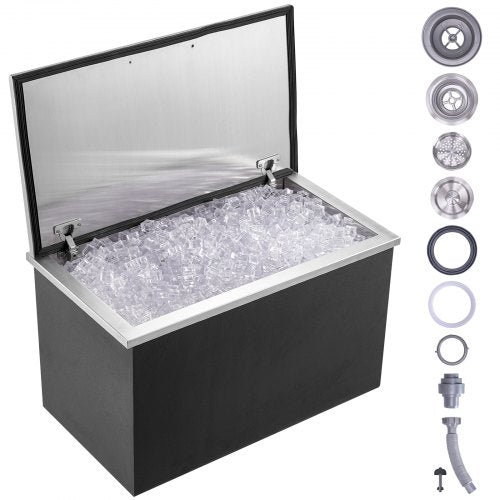 Stainless steel 83QT drop-in ice chest with a rust-resistant design and integrated drain pipe.