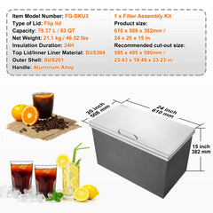 Stainless steel 83QT drop-in ice chest with drain pipe and insulation for beverage service.