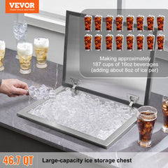 Stainless steel drop-in ice chest with hinged cover and large ice storage capacity on countertop.
