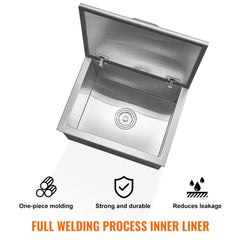 Stainless steel 40 qt drop-in ice chest with open hinged cover and drain.