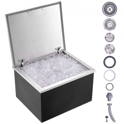 Stainless steel drop-in ice chest with open lid filled with ice and drain components.
