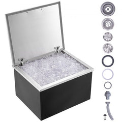 Stainless steel drop-in ice chest with open lid filled with ice and drain components.