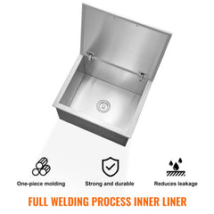 Stainless steel drop-in ice chest with open lid, showing 40 qt interior and drain.