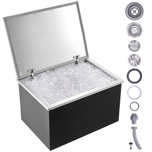 Stainless steel drop-in ice chest, 28"L x 20"W x 17"H, 114QT, filled with ice, showing components.