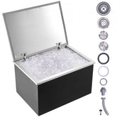 Stainless steel drop-in ice chest, 28"L x 20"W x 17"H, 114QT, filled with ice, showing components.