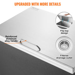 Stainless steel drop-in ice chest with flip-top lid, aluminum handle, and filtered drain.