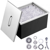 Stainless steel drop-in ice chest with open lid, filled with ice, and drain accessories.
