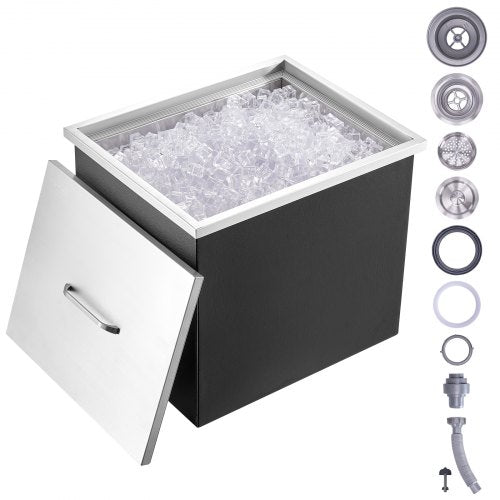 82QT stainless steel drop-in ice chest with open lid, filled with ice, and drain components.