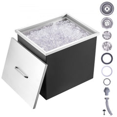 82QT stainless steel drop-in ice chest with open lid, filled with ice, and drain components.