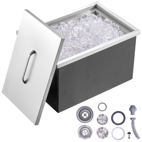 A 46QT drop-in stainless steel ice chest cooler with cover, measuring 22 inches long by 17 inches wide by 12 inches high.