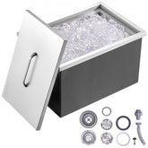 A 46QT drop-in stainless steel ice chest cooler with cover, measuring 22 inches long by 17 inches wide by 12 inches high.