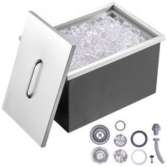 A 46QT drop-in stainless steel ice chest cooler with cover, measuring 22 inches long by 17 inches wide by 12 inches high.